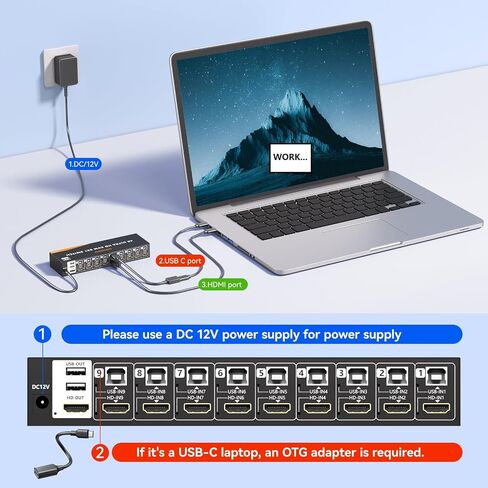 HDMI KVM Switch 9 Port, 4K@60Hz KVM Switch 9 Computers Share 1 Monitor and Keyboard Mouse, with USB 2.0 Ports, Support Button Switch/IR Remote Control, Adaptive EDID, Plug and Play.No EDID Simulation in Saudi Arabia