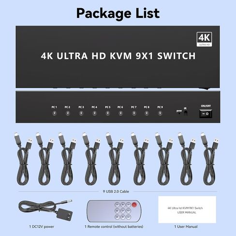 HDMI KVM Switch 9 Port, 4K@60Hz KVM Switch 9 Computers Share 1 Monitor and Keyboard Mouse, with USB 2.0 Ports, Support Button Switch/IR Remote Control, Adaptive EDID, Plug and Play.No EDID Simulation in Saudi Arabia