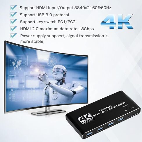 KVM Switch HDTV 2 Ports with USB Data Cable, 4K 60Hz KVM Switch for Monitor in Kuwait