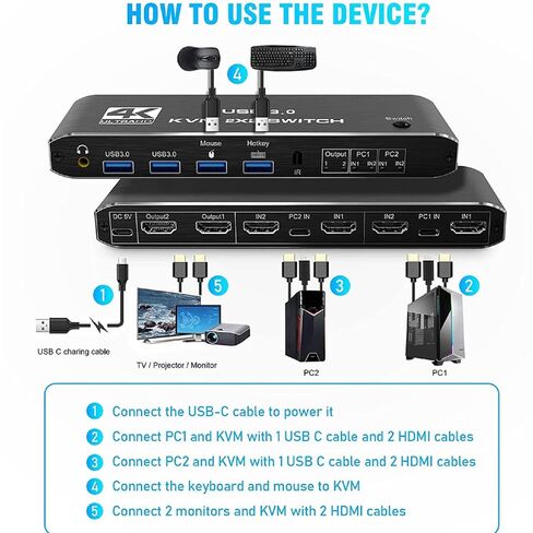 2x2 HDTV KVM USB 3.0 Switch with Keyboard Hotkey 4K Monitor Extend Display in Kuwait