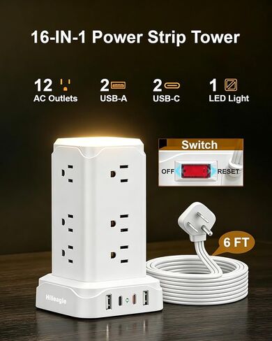 Desktop Power Strip Tower with Touch LED Night Light,USB C 20W Fast Charge in Kuwait
