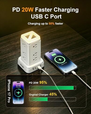 Desktop Power Strip Tower with Touch LED Night Light,USB C 20W Fast Charge in Kuwait