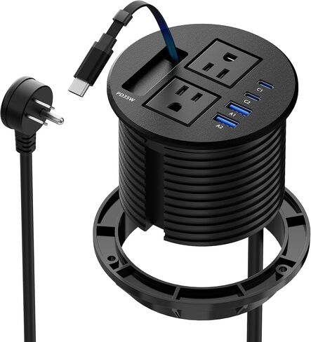 3 1/4" Desk Power Grommet with USB C Retractable Cable, PD 35W Fast Charging, 18W USB A, 2 AC Outlets, Flush Mount Recessed Power Strip for Desktop, Office Tables, Furniture, 6FT Cord in Kuwait