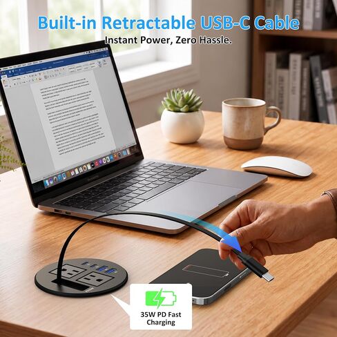 3 1/4" Desk Power Grommet with USB C Retractable Cable, PD 35W Fast Charging, 18W USB A, 2 AC Outlets, Flush Mount Recessed Power Strip for Desktop, Office Tables, Furniture, 6FT Cord in Kuwait