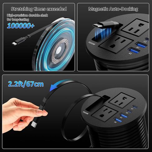 3 1/4" Desk Power Grommet with USB C Retractable Cable, PD 35W Fast Charging, 18W USB A, 2 AC Outlets, Flush Mount Recessed Power Strip for Desktop, Office Tables, Furniture, 6FT Cord in Kuwait
