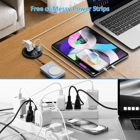 3 1/4" Desk Power Grommet with USB C Retractable Cable, PD 35W Fast Charging, 18W USB A, 2 AC Outlets, Flush Mount Recessed Power Strip for Desktop, Office Tables, Furniture, 6FT Cord in Kuwait