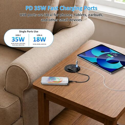 3 1/4" Desk Power Grommet with USB C Retractable Cable, PD 35W Fast Charging, 18W USB A, 2 AC Outlets, Flush Mount Recessed Power Strip for Desktop, Office Tables, Furniture, 6FT Cord in Kuwait