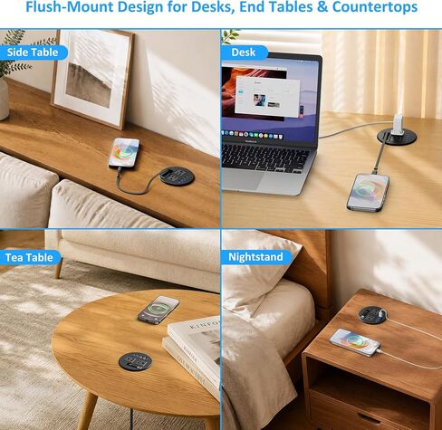 3 1/4" Desk Power Grommet with USB C Retractable Cable, PD 35W Fast Charging, 18W USB A, 2 AC Outlets, Flush Mount Recessed Power Strip for Desktop, Office Tables, Furniture, 6FT Cord in Kuwait