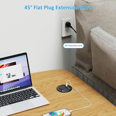 3 1/4" Desk Power Grommet with USB C Retractable Cable, PD 35W Fast Charging, 18W USB A, 2 AC Outlets, Flush Mount Recessed Power Strip for Desktop, Office Tables, Furniture, 6FT Cord in Kuwait