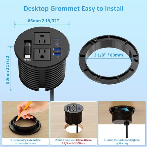 3 1/4" Desk Power Grommet with USB C Retractable Cable, PD 35W Fast Charging, 18W USB A, 2 AC Outlets, Flush Mount Recessed Power Strip for Desktop, Office Tables, Furniture, 6FT Cord in Kuwait