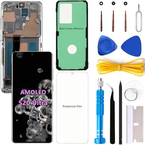 AMOLED Screen Replacement for Samsung Galaxy S20 Ultra 5G for Samsung S20Ultra SM-G988U SM-G988U1 LCD Display Digitizer Touch Assembly Support Fingerprint (Black Frame+Protector+Adhesive+Tools) in Saudi Arabia