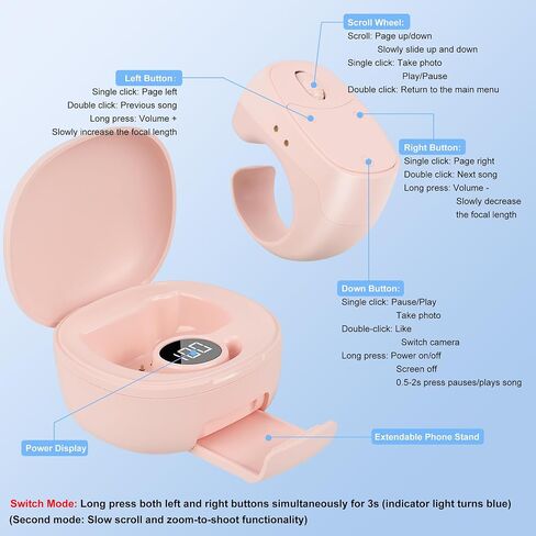 Mini Finger Ring Mouse with Charging Case Wearable Bluetooth Remote Control Scrolling Ring Thumb Mouse Wireless Handheld Air Mouse for Smartphone Tablet iPad for Page Turn Take Photo Watch Video, Pink in Saudi Arabia