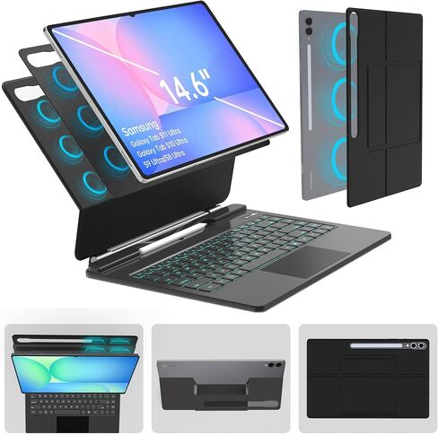 Keyboard Case for Samsung Galaxy Tab S11/S10/S9/S8 Ultra 14.6 Inch, Magnetic Floating Stand Keyboard with DeX Mode, AI Key, 7-Color Backlit Keys, Multi-Touch Trackpad, Charcoal Black in Kuwait