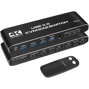 KVM Switch 2 Monitors 2 Computers, 4K@60Hz Dual Monitor HDMI KVM Switch, USB 3.0 Hub, 3.5mm Audio, Hotkey + IR Remote + Button, HDR HDCP 3D, for Windows macOS Linux in Kuwait