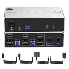 KVM Switch 3 Monitors 2 Computers 8K@60Hz, HDMI + 2 DisplayPort Triple Monitor KVM, 3 USB 3.0, Audio Mic, Wired Remote, for 2 PC Share Keyboard Mouse 3 Screens in Kuwait