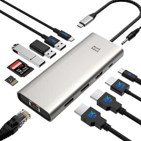 USB C Docking Station Dual Monitor Adapter for Dell HP, Laptop Docking Station 3 Monitors Quad Display USB C Hub Dongle to 4K HDMI+DP,2 USB2.0,100W PD,2.5G Ethernet,12 in 1Dock for Lenovo,Surface in Kuwait