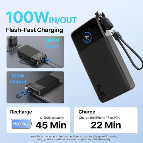 شاحن محمول JUOVI بقوة 187 واط لبنك الطاقة المحمول بسعة 25000 مللي أمبير في الساعة مع كابل USB-C in Kuwait