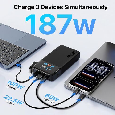شاحن محمول JUOVI بقوة 187 واط لبنك الطاقة المحمول بسعة 25000 مللي أمبير في الساعة مع كابل USB-C in Kuwait