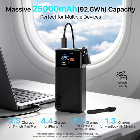 شاحن محمول JUOVI بقوة 187 واط لبنك الطاقة المحمول بسعة 25000 مللي أمبير في الساعة مع كابل USB-C in Kuwait