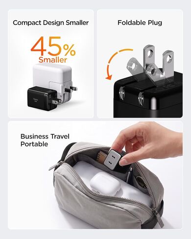 شاحن سريع wegear 45W Dual USB-C GaN، شاحن حائط مدمج قابل للطي مع PD PPS QC4.0 لهاتف Galaxy S26/S25، iPhone 17/16/15، iPad، MacBook، Steam Deck (أسود) in Kuwait