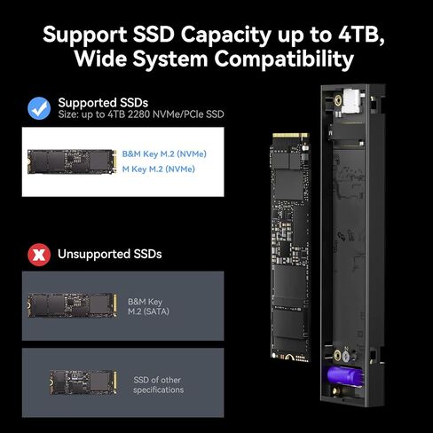 M.2 NVMe SSD Enclosure,3s PLP Prevents Write Data Loss, 10Gbps USB-C SSD Enclosure, RTL9210, for 2280 NVMe (M & B+M Key) up to 4TB, Aluminum M.2 Enclosure for PC, Mac, Laptop in Kuwait