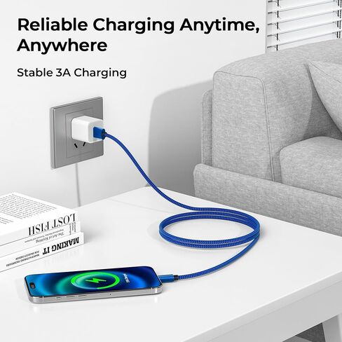 Basesailor for iPhone 17 16 Pro Max Charger Cord,USB to USB C Cable,Type C Charging Power Cord for Apple 17e 15 iPad 10 Air 4 5,Samsung Galaxy S26 S25 S24 S23,Blue,2Pack 6.6FT(2M) in Kuwait