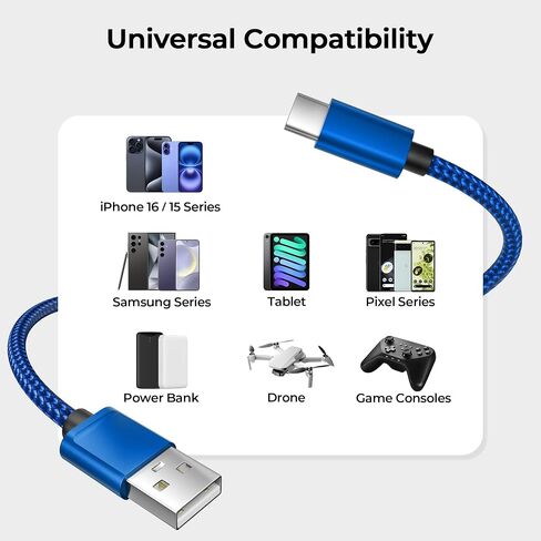 Basesailor for iPhone 17 16 Pro Max Charger Cord,USB to USB C Cable,Type C Charging Power Cord for Apple 17e 15 iPad 10 Air 4 5,Samsung Galaxy S26 S25 S24 S23,Blue,2Pack 6.6FT(2M) in Kuwait