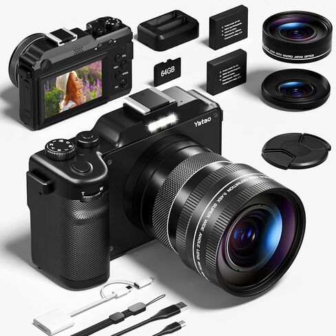 Yatao Digital Camera with WiFi, 4K 5K 64MP Photography Camera Kit for YouTube, Front and Rear Dual Camera for Convenient Selfie, Equipped with 64GB Micro Card, Wide & Macro Lens, Card Reader in Kuwait