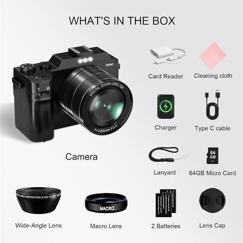 Yatao Digital Camera with WiFi, 4K 5K 64MP Photography Camera Kit for YouTube, Front and Rear Dual Camera for Convenient Selfie, Equipped with 64GB Micro Card, Wide & Macro Lens, Card Reader in Kuwait