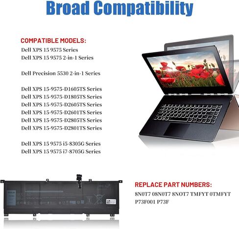 8N0T7 Laptop Battery Replacement for DELL XPS 15 9575 Precision 5530 2-in-1 Series Notebook Compatible with 8N0T7 08N0T7 TMFYT 0TMFYT 11.4V 75Wh in Kuwait