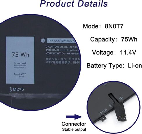 8N0T7 Laptop Battery Replacement for DELL XPS 15 9575 Precision 5530 2-in-1 Series Notebook Compatible with 8N0T7 08N0T7 TMFYT 0TMFYT 11.4V 75Wh in Kuwait
