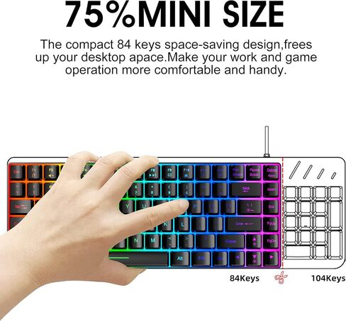 لوحة مفاتيح سلكية للألعاب Snpurdiri K84، لوحة مفاتيح بإضاءة خلفية RGB بنسبة 75%، لوحة مفاتيح مدمجة ممتازة للكمبيوتر الشخصي والكمبيوتر المحمول والألعاب والمكتب (84 مفتاحًا، أسود-أبيض) in Kuwait