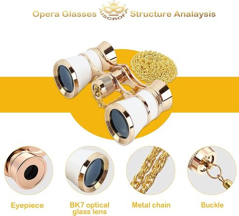 Opera Glasses Binoculars 3X25,Mini Binocular Compact Lightweight,with Chain for Adults Kids Women in Musical Concert (White with Chain) in Kuwait