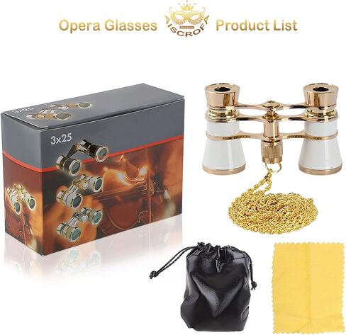 Opera Glasses Binoculars 3X25,Mini Binocular Compact Lightweight,with Chain for Adults Kids Women in Musical Concert (White with Chain) in Kuwait