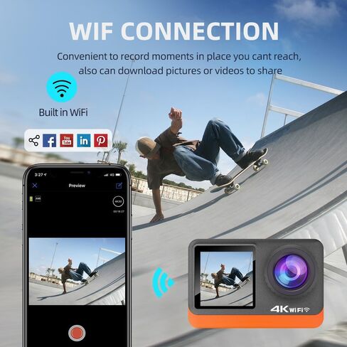 كاميرا أكشن بدقة 4K مع شاشتين وWiFi وEIS وحقيبة مقاومة للماء in Kuwait