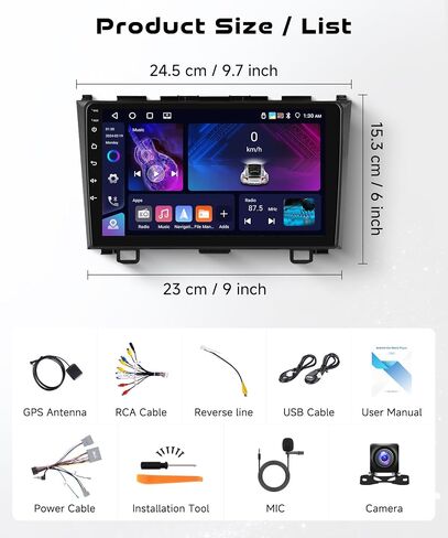 [Android 15/4G+64G] 5Ghz-WiFi Car Radio Stereo for Honda CRV 2007-2011 with Wireless CarPlay/Android Auto, 9 inch IPS Touchscreen GPS Head Unit Bluetooth5.0 SWC DSP Audio Mic HD Rear Camera in Kuwait