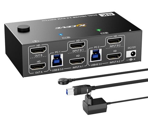 HDMI KVM Switch 2 Computers 2 Monitor 8K@60Hz, USB3.0 KVM Switches for 2 PC Share 2 Monitor and USB3.0 Devices, with USB Cables,Controller and Power Adapter in Kuwait
