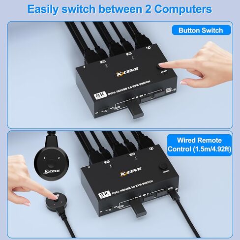 HDMI KVM Switch 2 Computers 2 Monitor 8K@60Hz, USB3.0 KVM Switches for 2 PC Share 2 Monitor and USB3.0 Devices, with USB Cables,Controller and Power Adapter in Kuwait