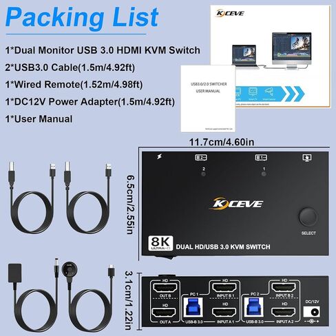 HDMI KVM Switch 2 Computers 2 Monitor 8K@60Hz, USB3.0 KVM Switches for 2 PC Share 2 Monitor and USB3.0 Devices, with USB Cables,Controller and Power Adapter in Kuwait