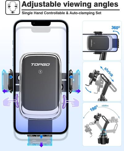 [Upgraded] TOPGO Cup Phone Mount Wireless Charger,Universal Cell Phone Holder Car Charger Wireless-Charger-Cup-Phone-Holder Fast Charging for iPhone16/16 Pro/16 Pro Max, Samsung Galaxy - Black in Saudi Arabia
