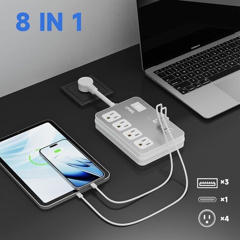 Wall Extension Outlets, 4-AC-Outlet and 4 USB Outlets(1 USB-A) Square Wall Plug with USB Ports, Small Power Strip Short Extension Cord for Home Office CruiseTravel Dorm Room Essentials, White in Saudi Arabia