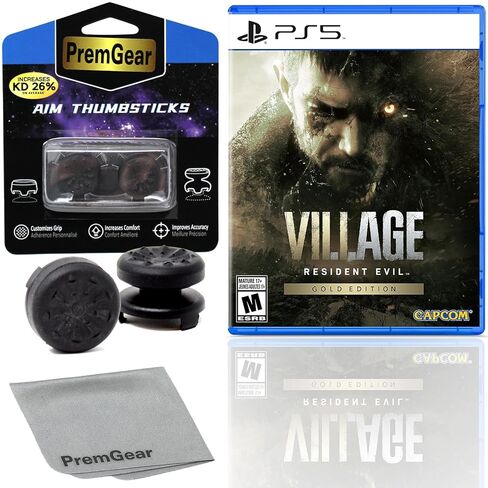 Resident Evil Village Gold Edition for PlayStation 5 (US Version), with PremGear ThumbSticks (2 pack: 1 High-Rise, 1 Mid-Rise) & Cleaning Cloth in Kuwait