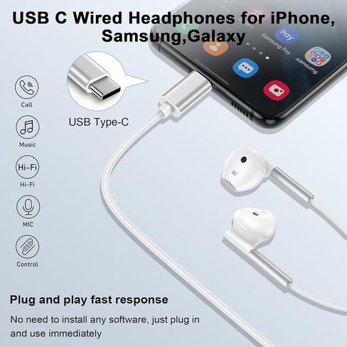 USB Type C Wired Earbuds Ear Buds for iPhone 17 Pro Max/17 Pro/17/16/15 in Kuwait