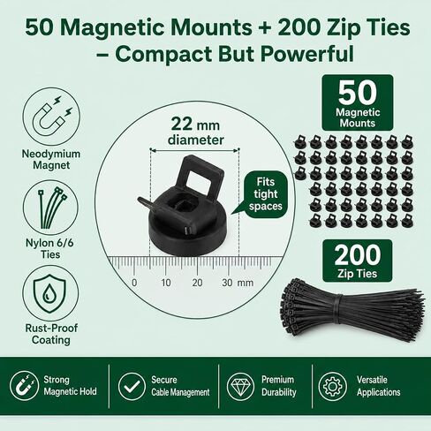 Magnetic Zip Tie Mounts 22mm, 50 Pack Cable Tie Mount Bases with 200 Zip Ties, Heavy Duty Cable Clips for Wire Management, Magnet Cord Holder Organizer for Desk, PC, Home Office in Saudi Arabia