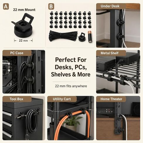 Magnetic Zip Tie Mounts 22mm, 50 Pack Cable Tie Mount Bases with 200 Zip Ties, Heavy Duty Cable Clips for Wire Management, Magnet Cord Holder Organizer for Desk, PC, Home Office in Saudi Arabia