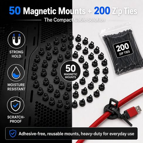 Magnetic Zip Tie Mounts 22mm, 50 Pack Cable Tie Mount Bases with 200 Zip Ties, Heavy Duty Cable Clips for Wire Management, Magnet Cord Holder Organizer for Desk, PC, Home Office in Saudi Arabia