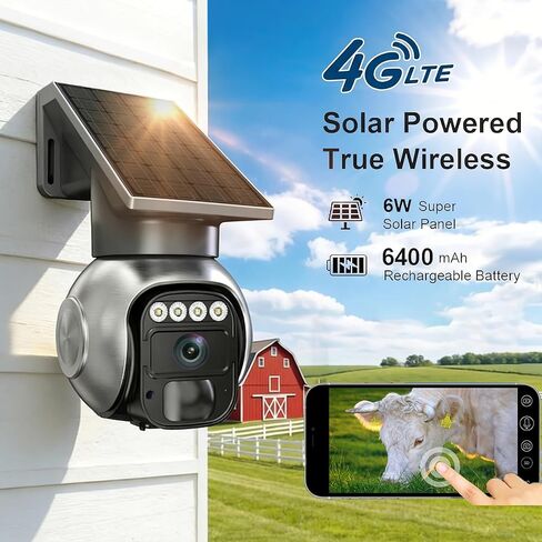 Solar 4G LTE 4MP Security Camera Outdoor,No WiFi 360° PTZ Wireless Camera with Two-Way Talk,Night Vision,Auto Alarm,Built-in SIM Card,7-Day Free Cloud Storage,Waterproof for Ranch,Farm in Kuwait