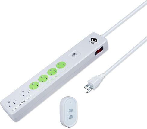 OSKOS Indoor 6-Outlet Energy-Saving Strip with Wireless Remote,100-Foot RF Range, Expandable Remote Light Switch for Household Appliances, Includes one 3 Voltage Lithium Battery, 15A/1800W, UL Listed in Saudi Arabia