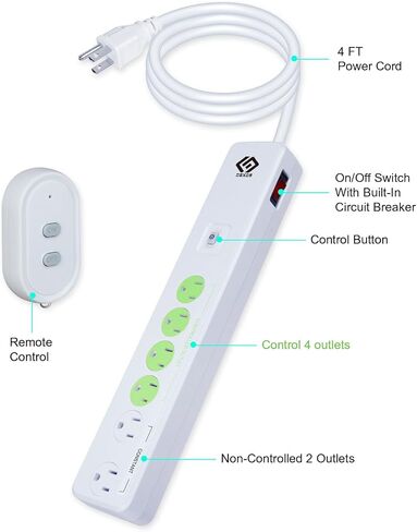 OSKOS Indoor 6-Outlet Energy-Saving Strip with Wireless Remote,100-Foot RF Range, Expandable Remote Light Switch for Household Appliances, Includes one 3 Voltage Lithium Battery, 15A/1800W, UL Listed in Saudi Arabia