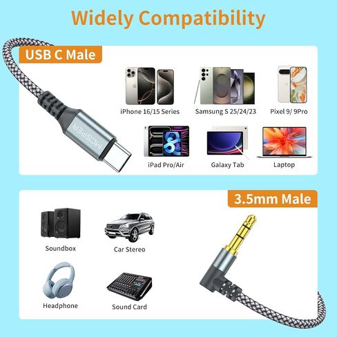 USB C to 3.5mm Audio Aux Jack Cable 2-Pack,3.3FT 90 Degree Right USB Type C to Male Adapter Dongle Cable Cord Car Headphone Compatible with iPhone 16/15 Pro Max Samsung Galaxy S24 S23 S22,iPad Pro in Kuwait